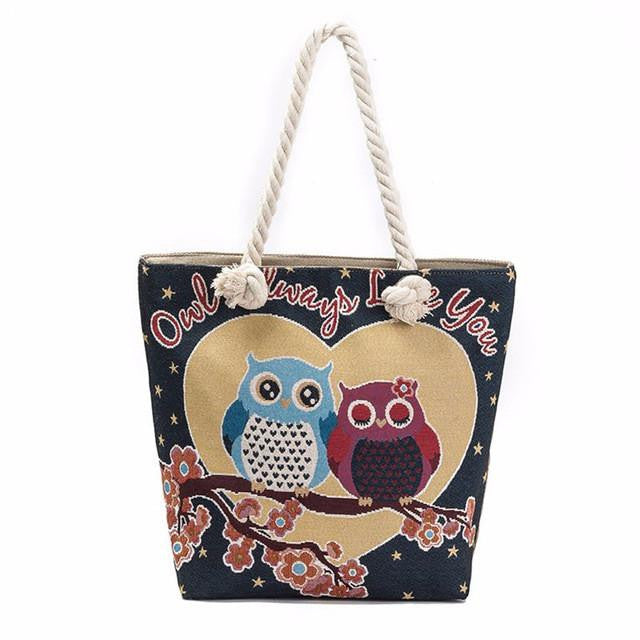 MIYAHOUSE Owl Printed Linen Tote Casual Zipper Bag